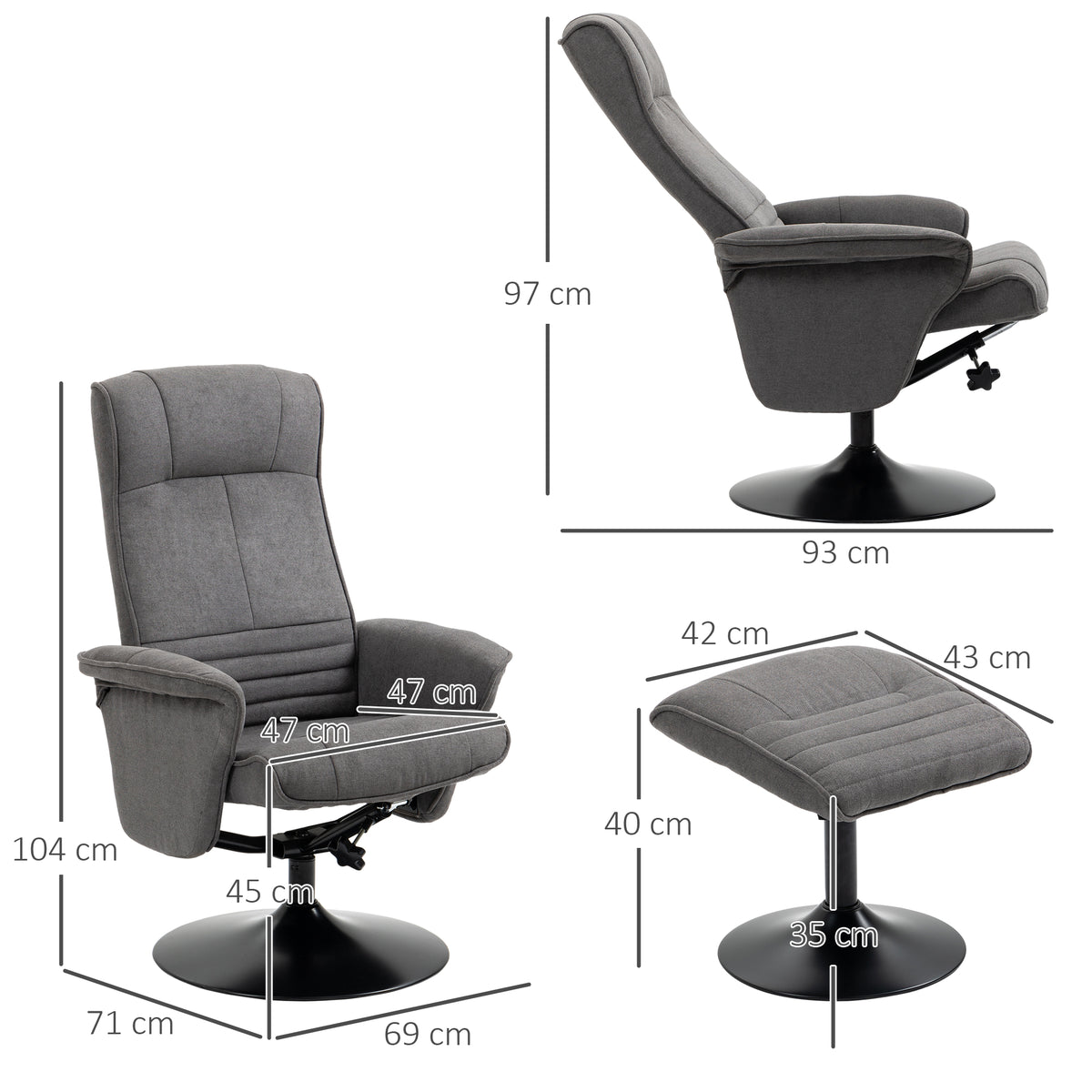Relaxsessel mit Fußhocker, verstellbare Rückenlehne, 69 cm x 71 cm x 104 cm, Dunkelgrau + Schwarz