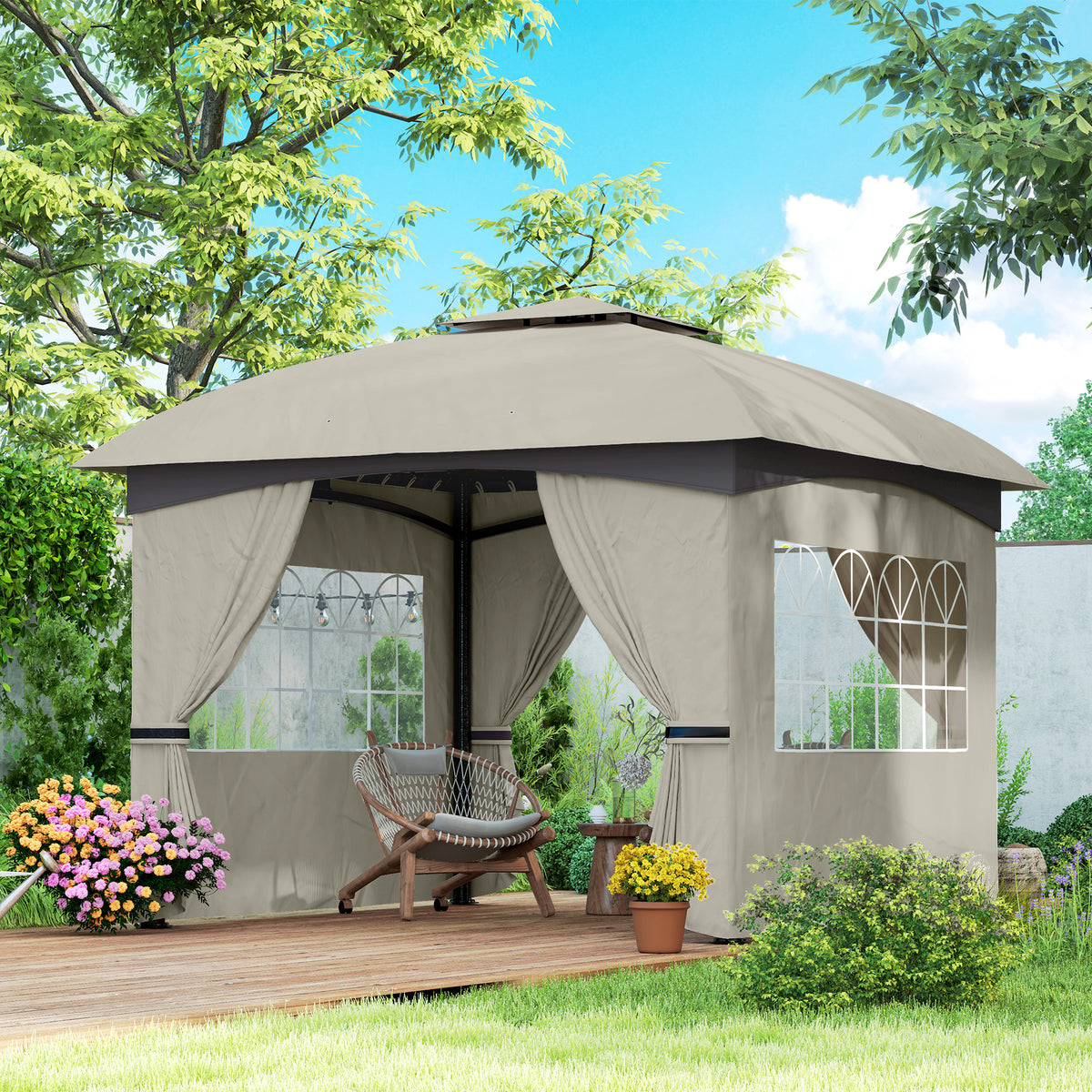 3,4 x 3,4 m Gartenpavillon, Bierzelt mit Lüftungsdach, Bogenfenstern, Stahlgestell, Hellgrau
