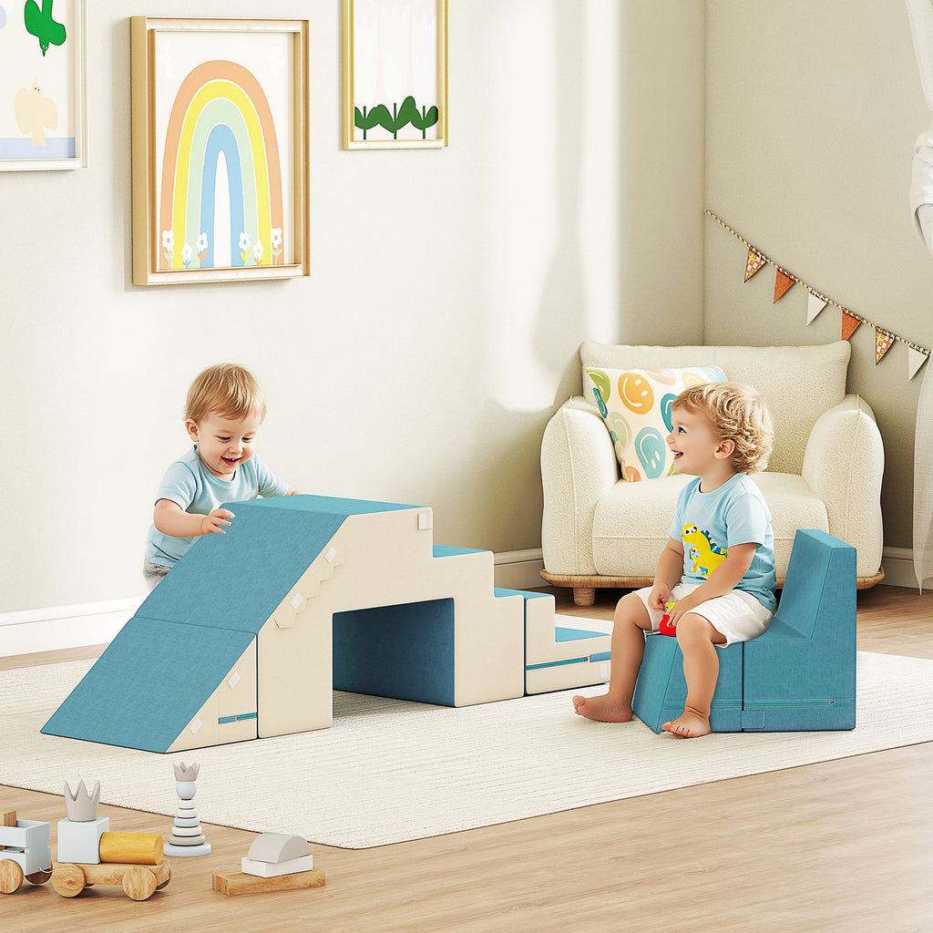 2-teiliges weiches Spielbl?cke-Set f¨¹r Kleinkinder, Kunstleder, Schaumstoff, zum Klettern, Bauen, Spielen, Beige+Blau