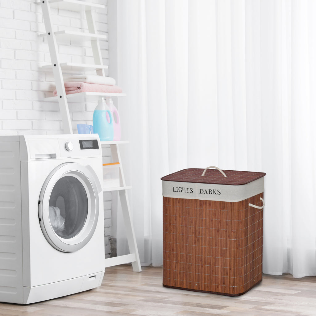 Bambus Wäschekorb schmal mit Deckel 100L Wäschesammler mit Griffen, 2 herausnehmbarer Wäschesack, Laundry Baskets Wäschebox für Waschküche, Schlafzimmer, Badezimmer Braun