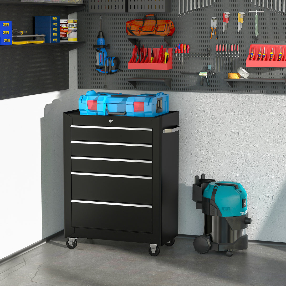 5-Drawer Tool Chest, Lockable Steel Tool Storage Cabinet with Wheels and Handle Tool Box for Garage, Workshop, Black