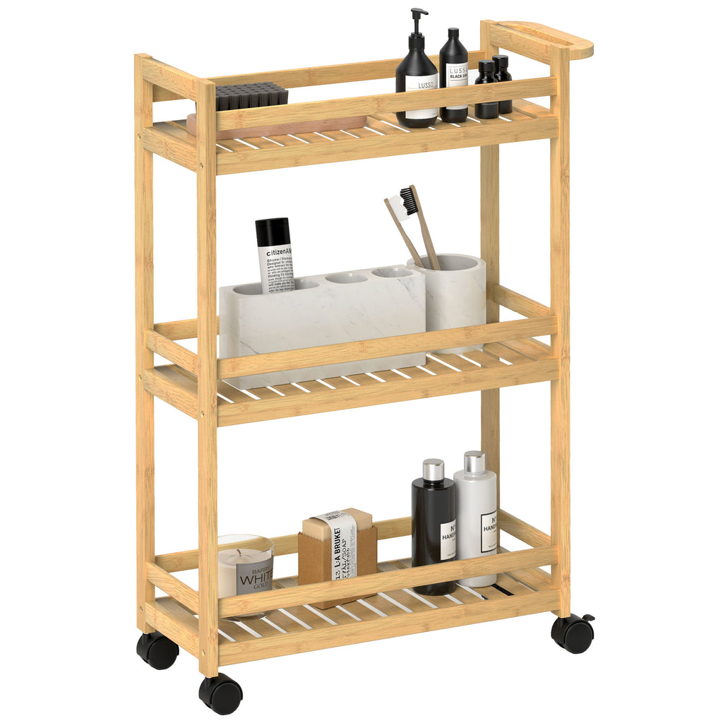 Servierwagen, 3 Etagen, Lamellenböden, Herausfallschutz, Bambus, 55 x 20 x 75 cm