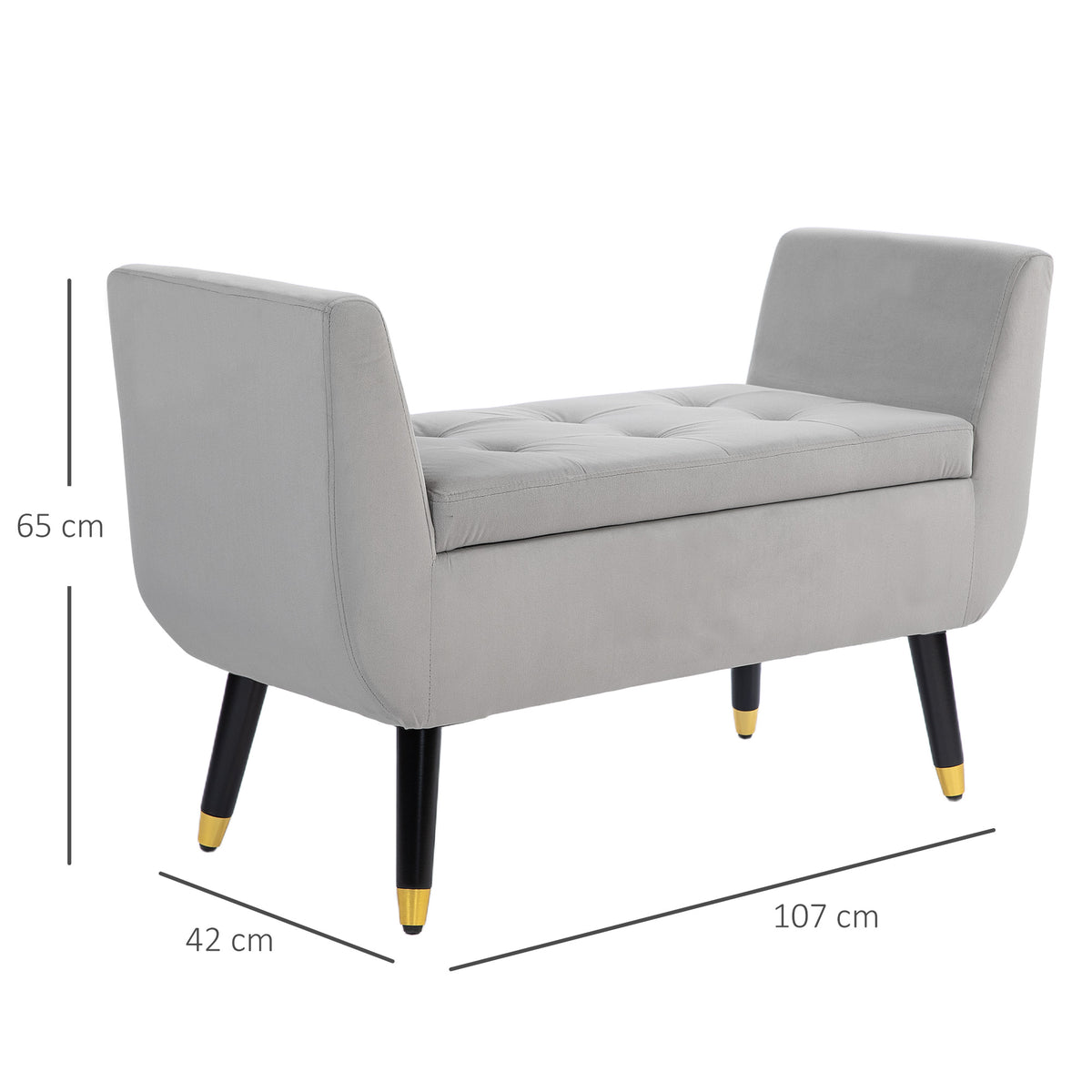 Sitzbank mit Stauraum und Armlehnen, Truhenbank, samtartiges?Polyester, Kautschukholz, Hellgrau, 107 x 42 x 65 cm