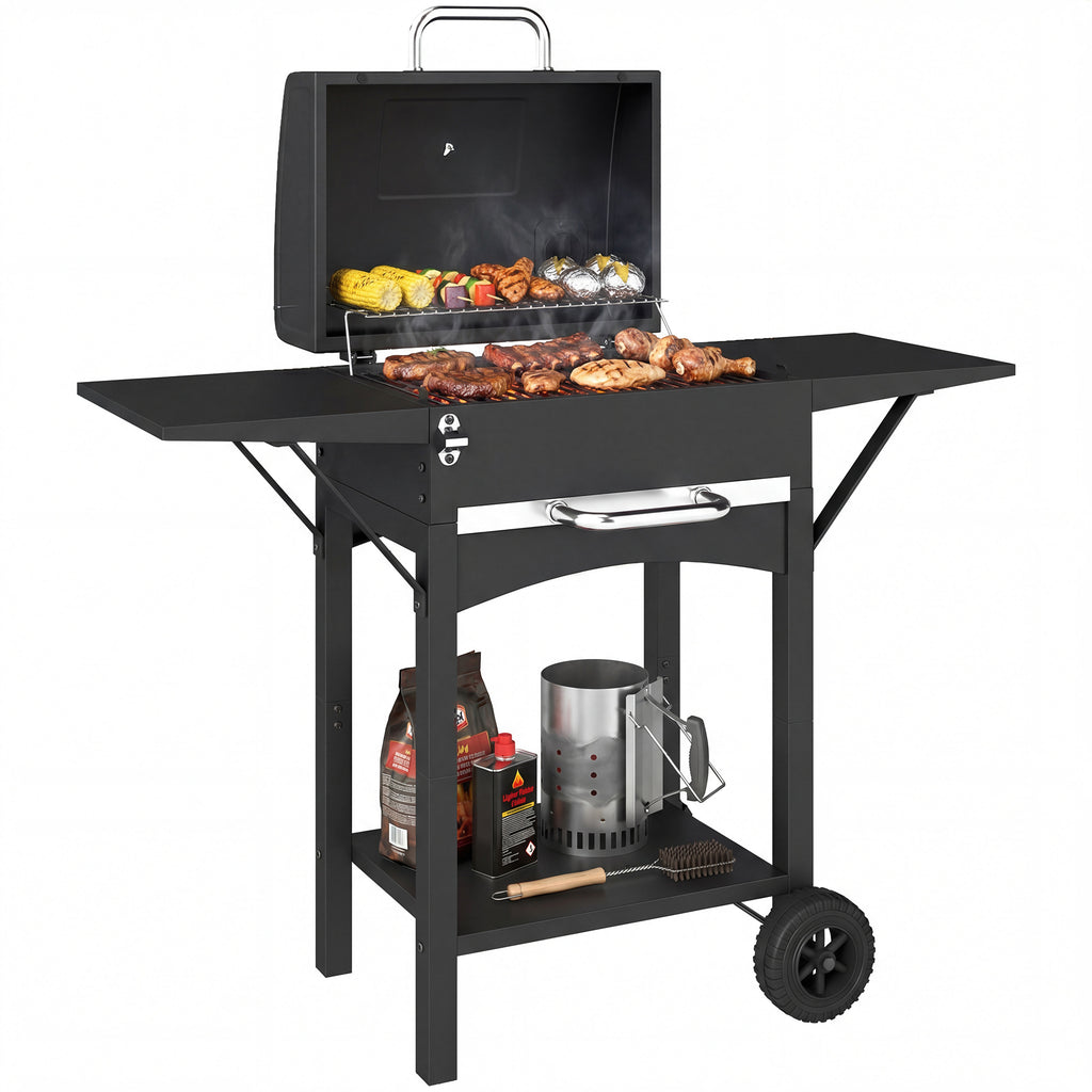 Holzkohlegrill mit Deckel, BBQ Smoker Grill mit 2 Seitentischen Große Grillfläche Grillrost Thermometer Räder
