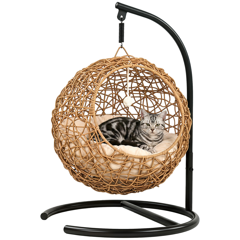 Katzenbett Rattan Katzenhöhle mit Waschbarem Kissen und Spielball, für Katzen bis 10 kg, 45 x 41 x 75 cm, Hellbraun