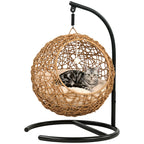 Katzenbett Rattan Katzenhöhle mit Waschbarem Kissen und Spielball, für Katzen bis 10 kg, 45 x 41 x 75 cm, Hellbraun