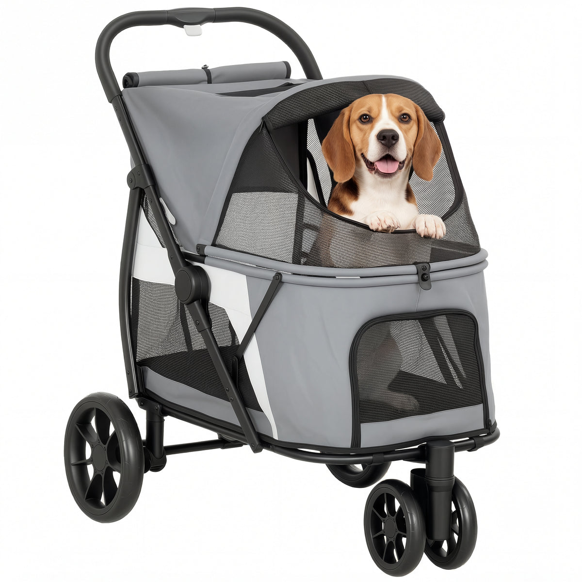 Hundewagen Faltbar Hundebuggy mit waschbarem Kissen, Netzfenstern, 3 Räder, für mittelgroße Hunde bis 20 kg, Grau