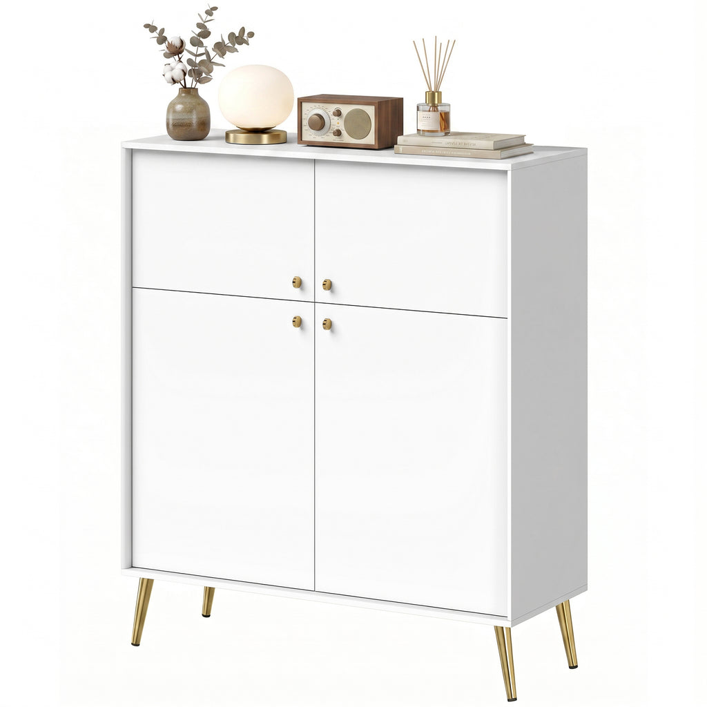 Modernes Sideboard, 105,4 cm Buffet mit 4 Soft-Close-Türen und Metallfüßen, für Esszimmer & Küche, Cremeweiß