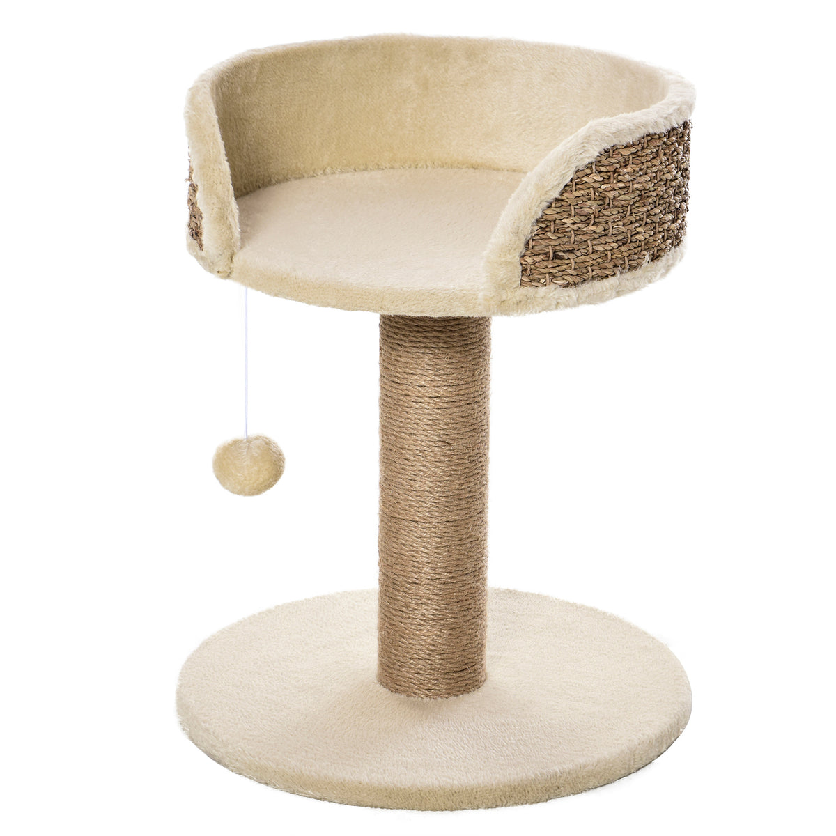 Kratzbaum Katzenbett Katzenkorb, inkl. Spielball, 40 cm x 40 cm x 49cm, Natur + Cremeweiß