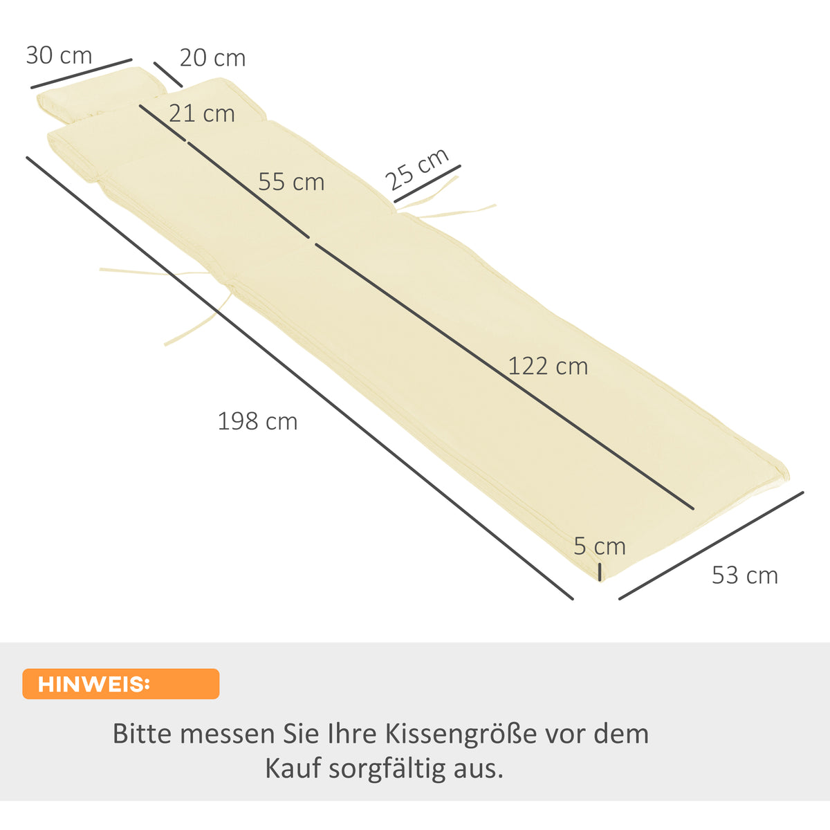 Liegenauflage Liegenpolster Gartenliege mit Kopfkissen abnehmbar Bezug Cremeweiß 198 x 53 x 5 cm NUR Kissen