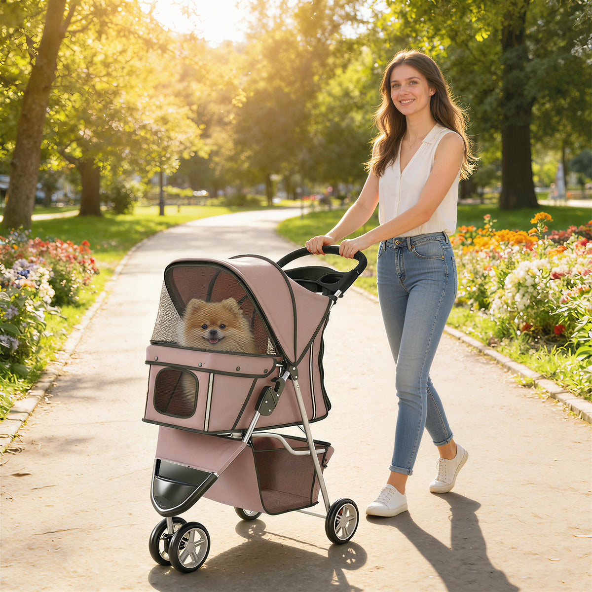 Dog Stroller, 3 Wheels Foldable Pet Stroller with Adjustable Canopy, Storage Basket for Small Mini Breeds, Coffee