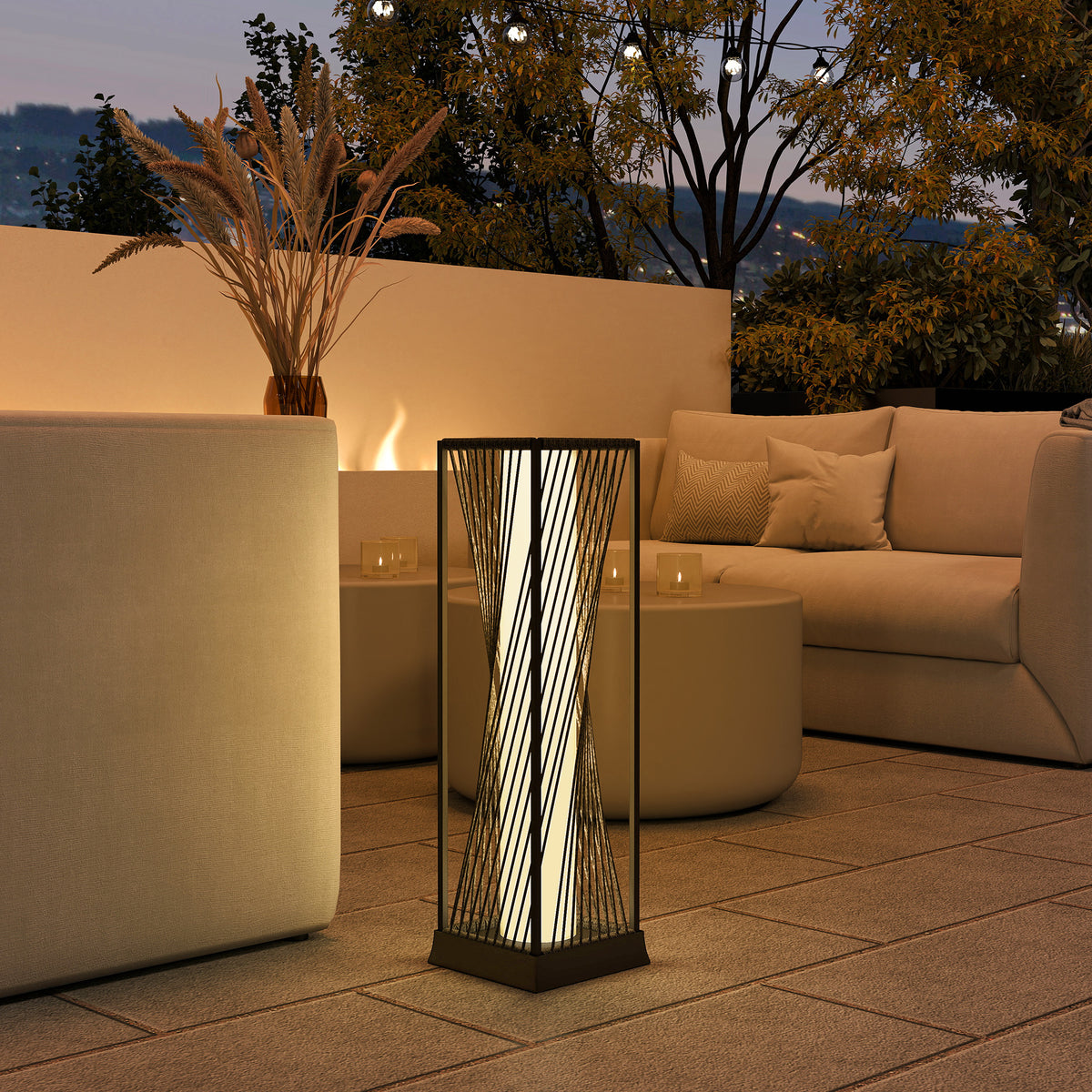 Solar Stehlampe Rattan mit Lichtsensor 25 LED Solarlampen im Boho-Stil IP44 Spritzwassergeschützt Schwarz+Grau
