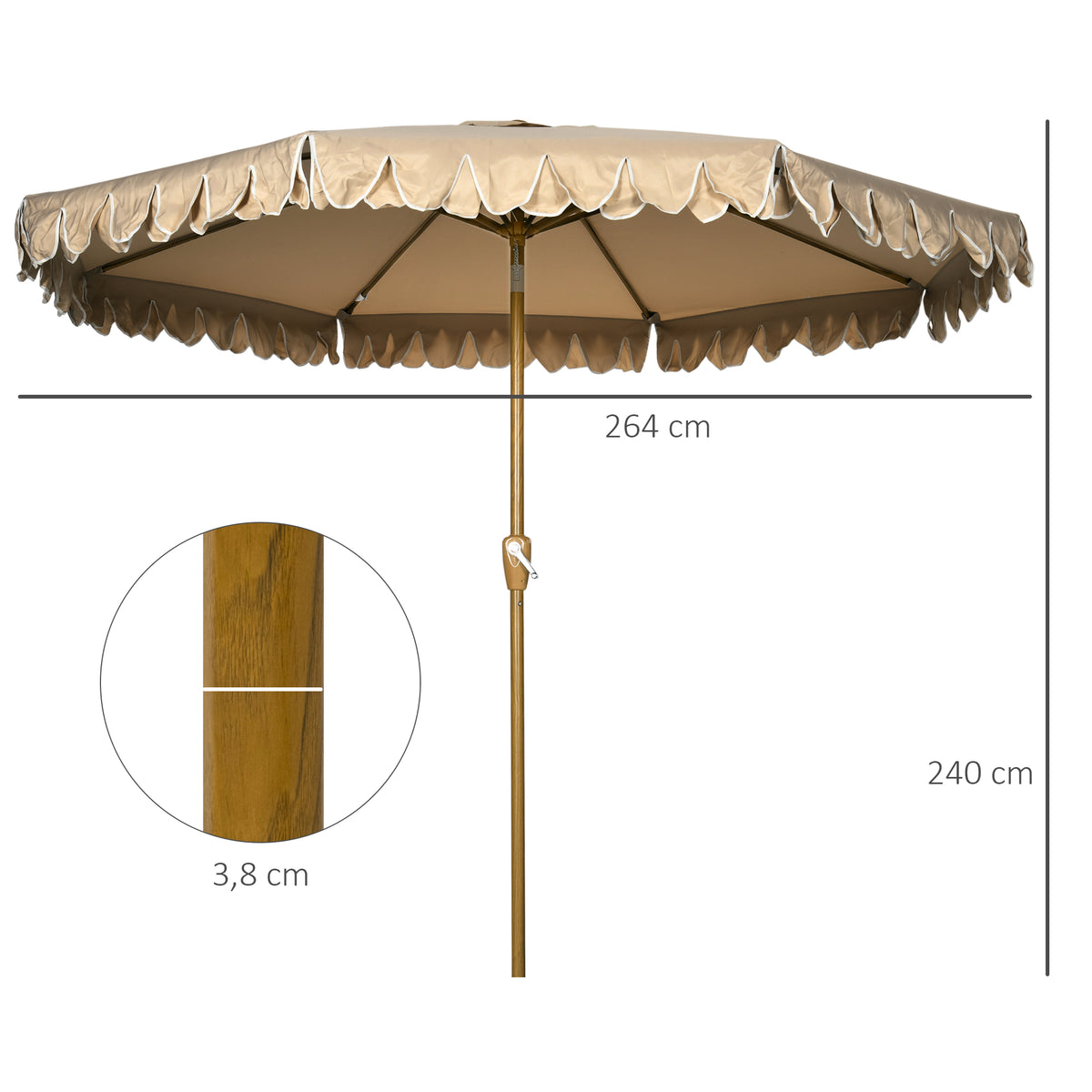 Sonnenschirm, mit Fransen, neigbar, mit Handkurbel, Stahl+Polyester, khaki, Ø264 x 240 cm