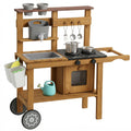 Wooden Mud Kitchen with Wheels, Stove, Faucet, Flower Pots, Stainless Steel Accessories for Toddlers 3-6, Brown