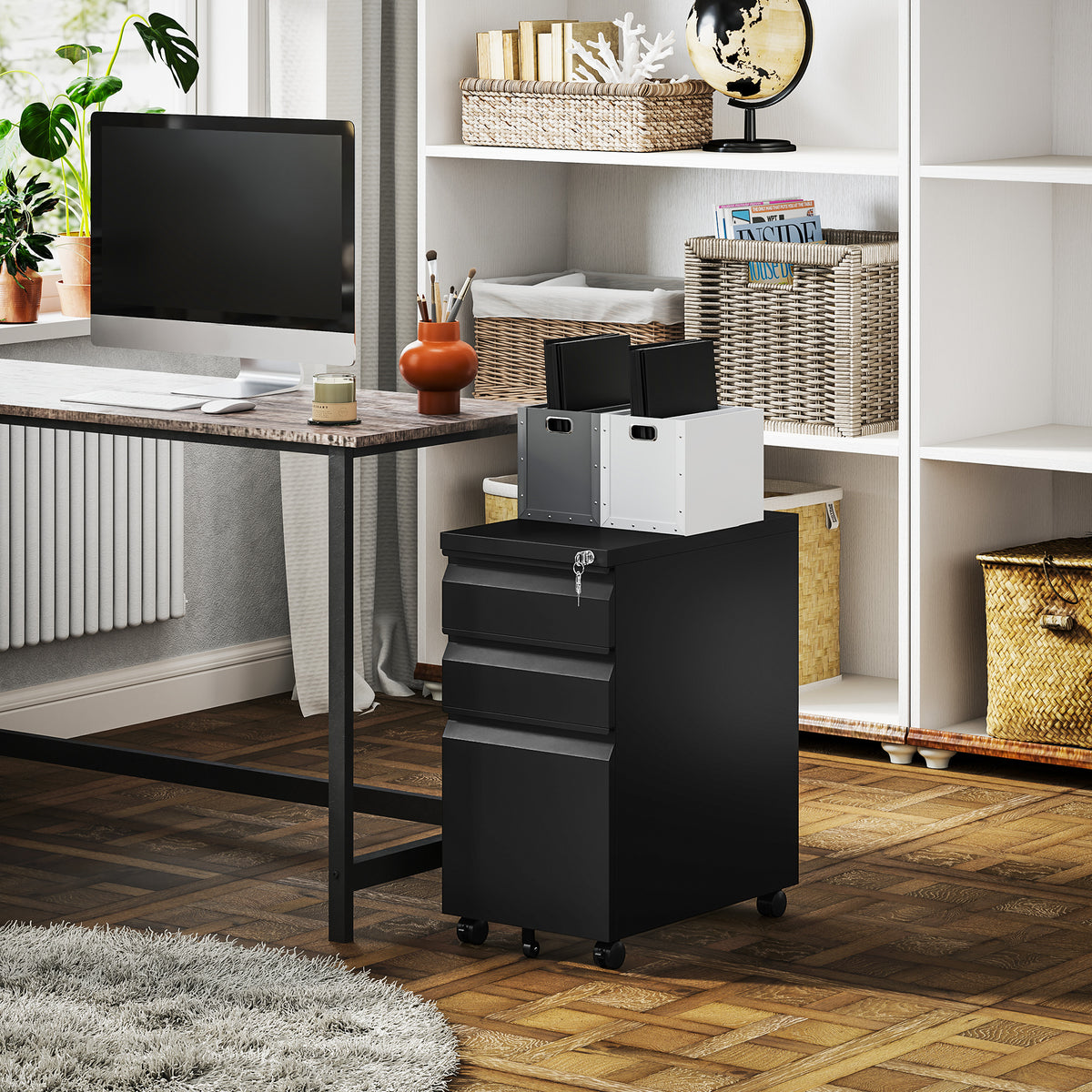 3-Drawer Steel Filing Cabinet with Lock and Wheels - Black