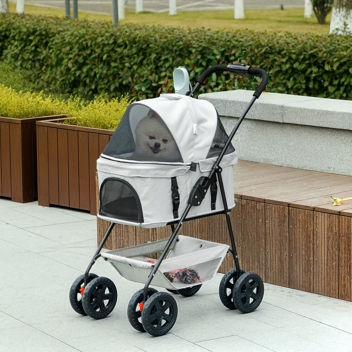 3-in-1-Haustierkinderwagen, zusammenklappbarer Hundewagen mit 4 Rädern und abnehmbarer Trage für Hunde und Katzen, Grau