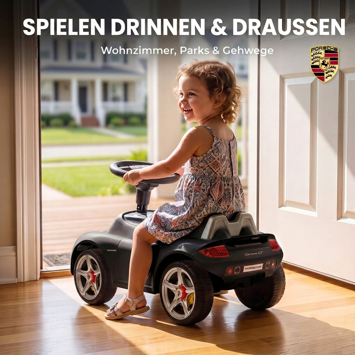 Ride on Car, Porsche Licensed Toddler Push Car with Horn, Headlights, Sound and Steering Wheel for 18-36 Months, Matte Black