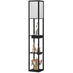 Stehlampe mit 3-stufigem Regal, Fußschalter, USB-Anschlüssen, MDF, Schwarz