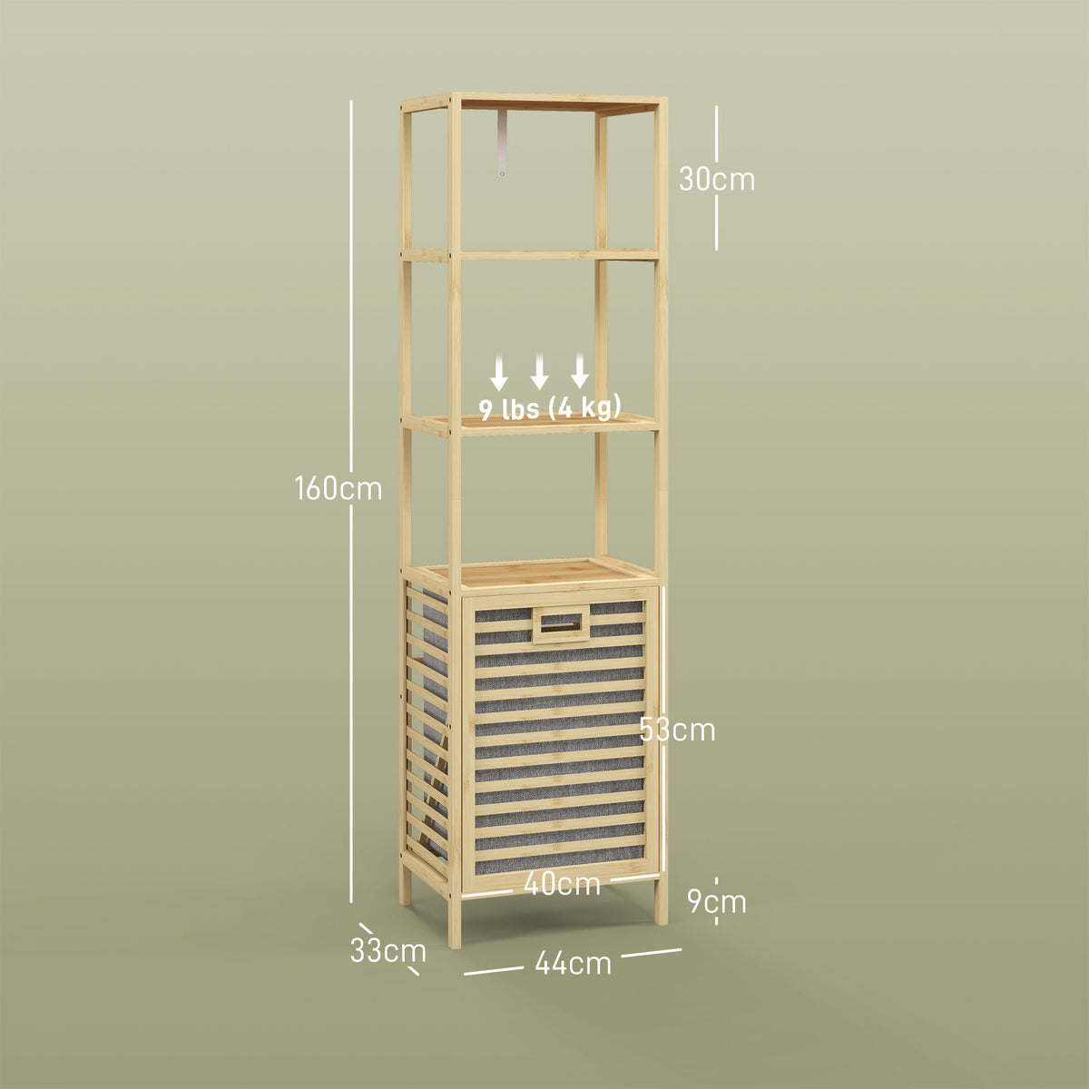 Badezimmerregal, mit W?schesammler, 3 Regalb?den, Bambusrahmen, 44x33x160cm, Natur