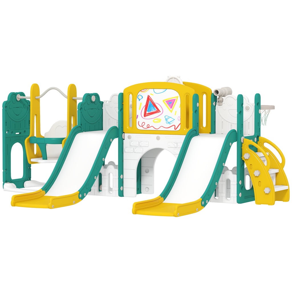 9-in-1 Rutschen- und Schaukelset f¨¹r Kleinkinder, mit Basketballkorb, Teleskop, Zeichenbrett, Frosch-Design, Gelb+Gr¨¹n