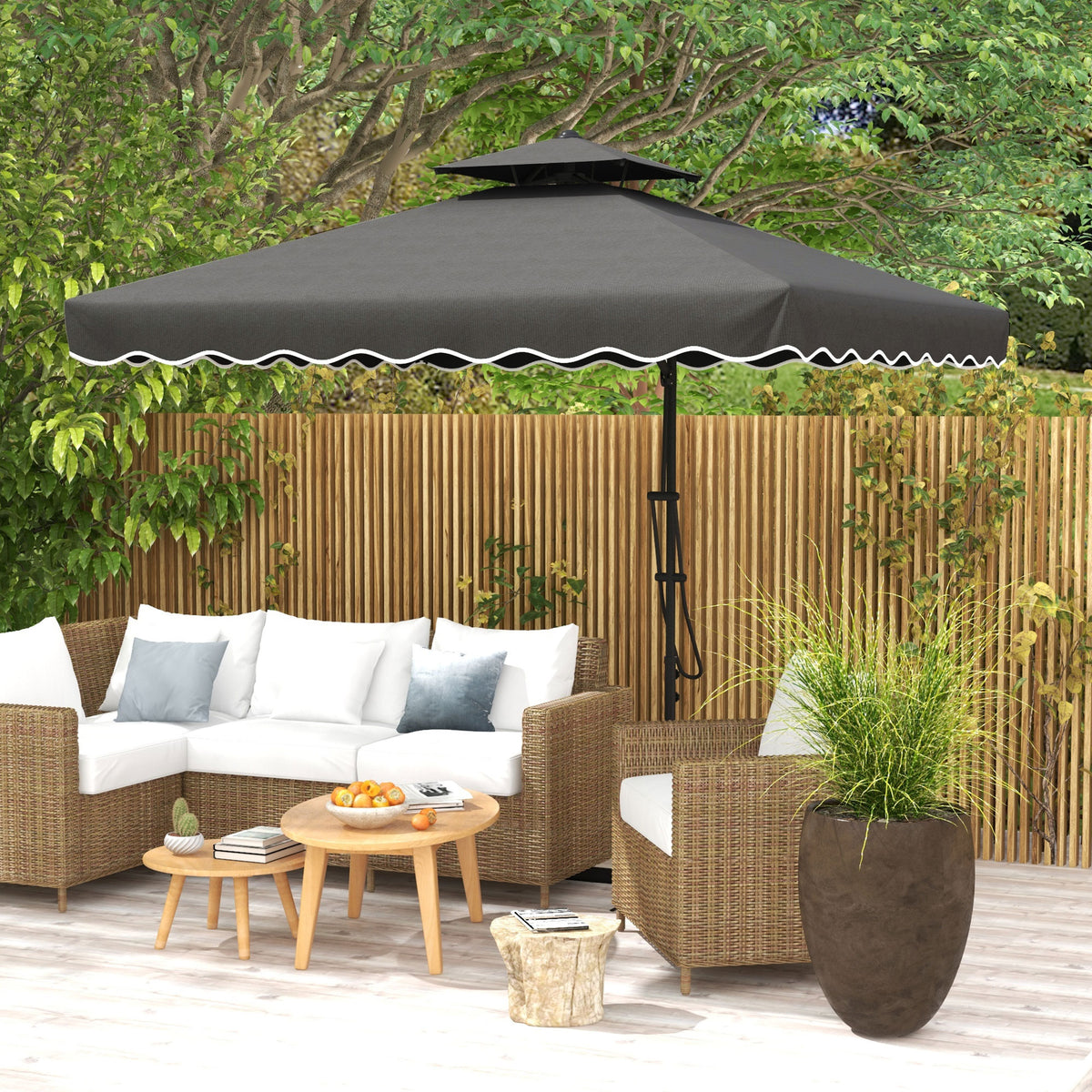 2.5m Square Double Top Garden Parasol Cantilever Umbrella with Ruffles, Dark Grey