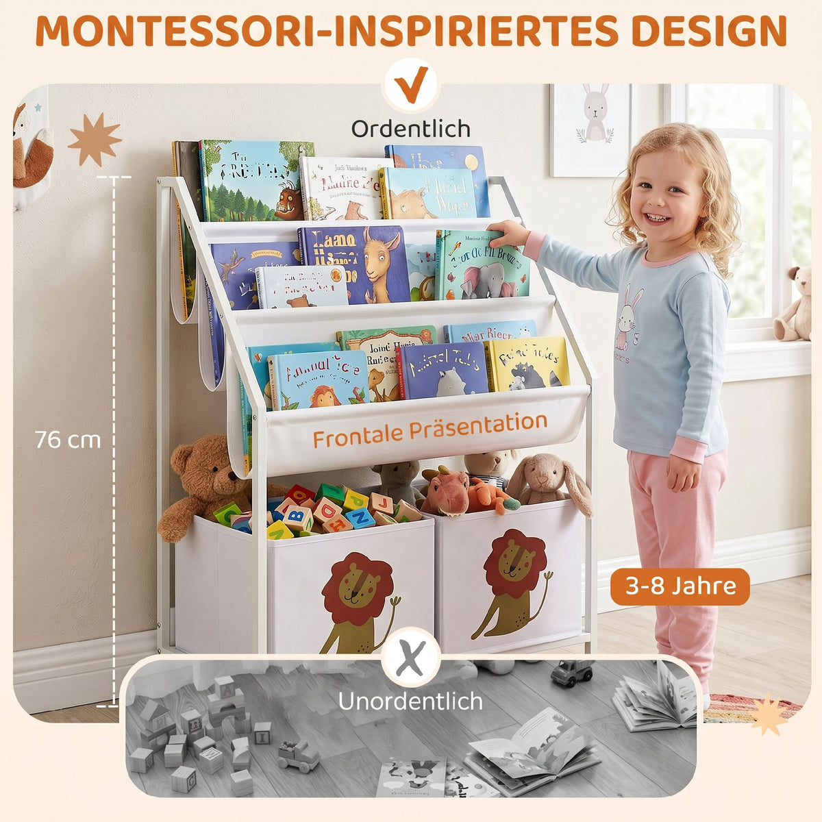 Bücherregal für Kinder Kinderregal mit 2 offenen Fächer 3 Hängeregale 60 x 30 x 76 cm Weiß