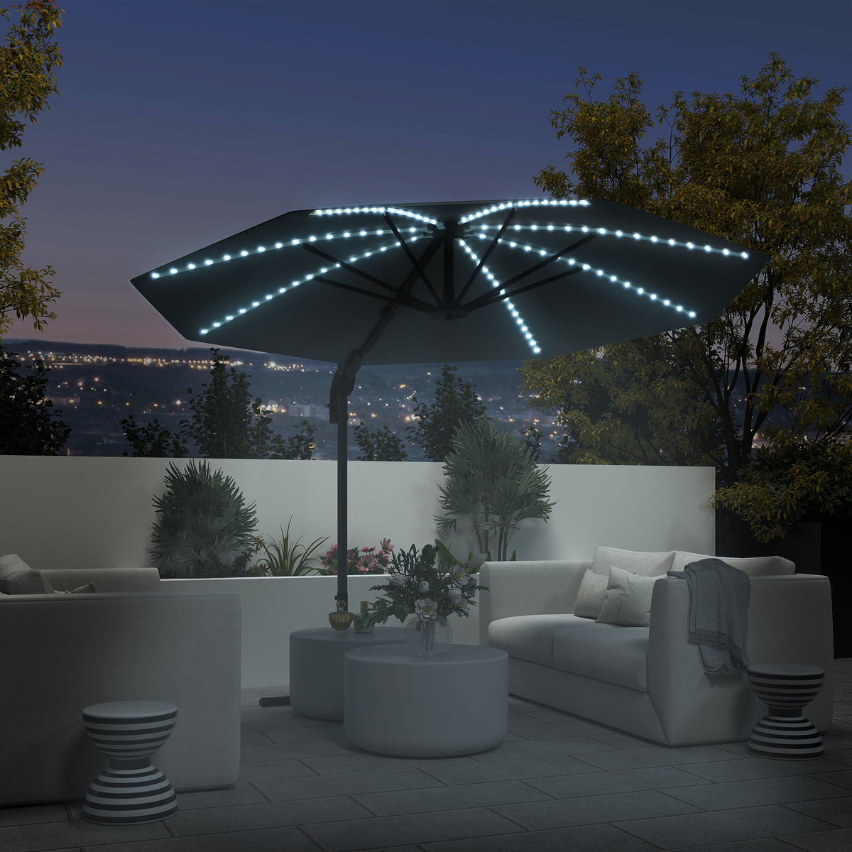 3(m) Cantilever Garden Parasol with Solar Powered Lights, Crank Handle & Cross Base, UPF 50+, 360¡ã Rotation, Dark Grey