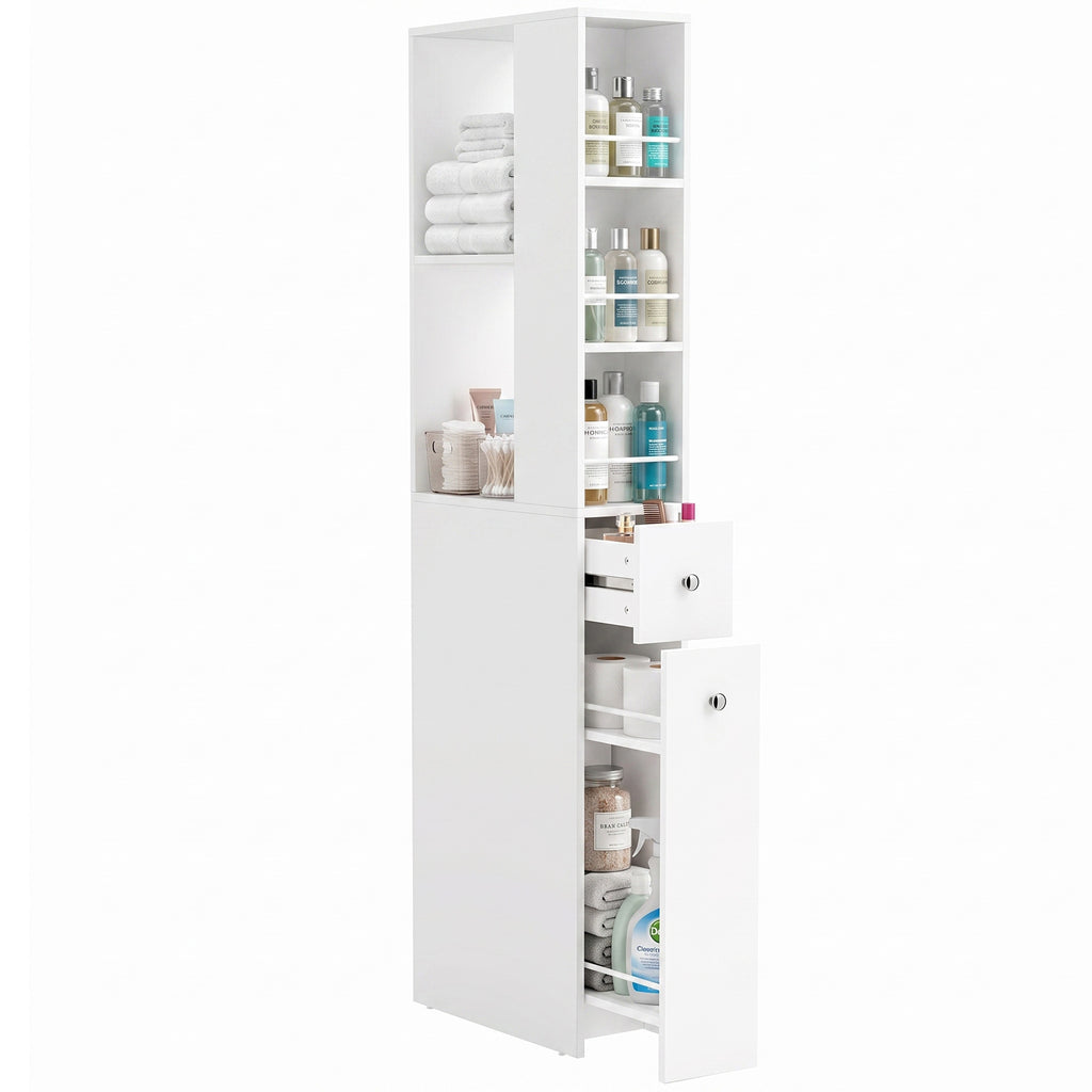 Schmaler hoher Badezimmerschrank, 135 cm Badschrank mit 2 Schubladen, weiß