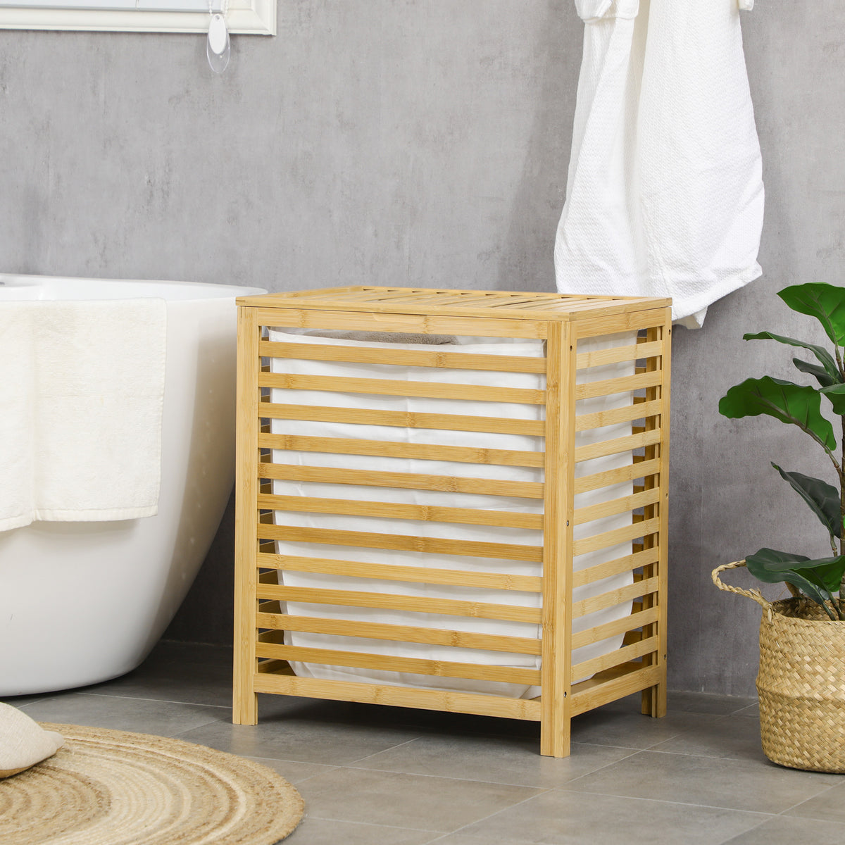 Wäschekorb aus Bambus, herausnehmbarer Wäschesack, wasserbeständig, Natur + Beige