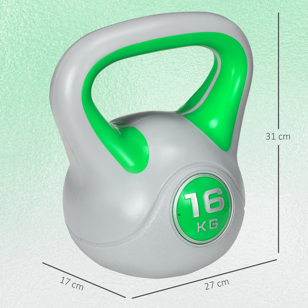 Kugelhantel, Kettlebell, 16 kg, flache Unterseite, großer Griff, Gewichtkugel, Grün, 27 x 17 x 31 cm