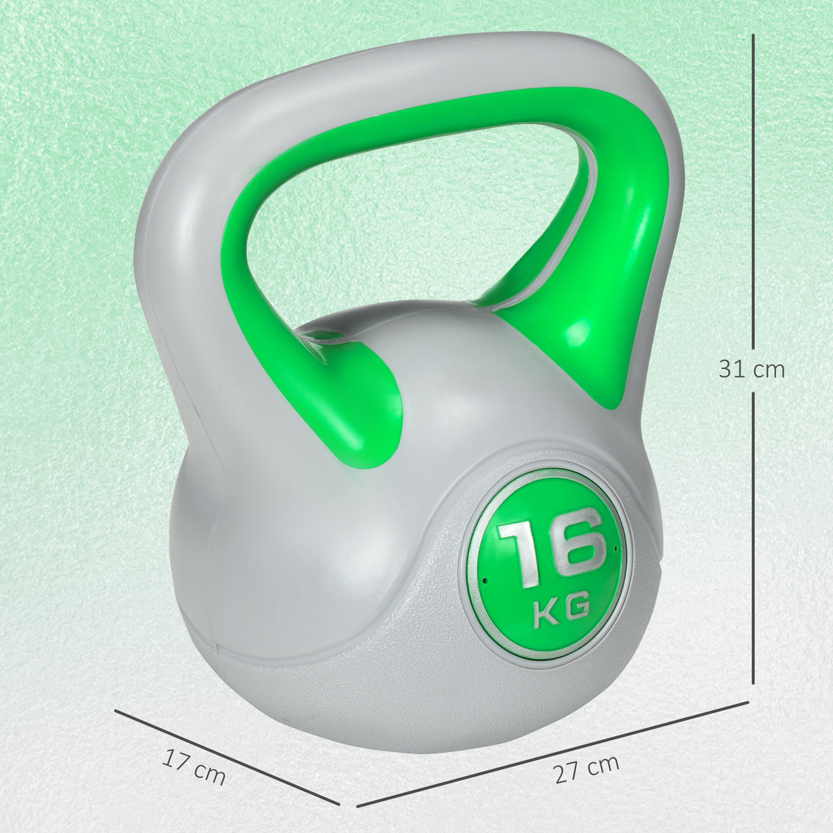 Kugelhantel, Kettlebell, 16 kg, flache Unterseite, großer Griff, Gewichtkugel, Grün, 27 x 17 x 31 cm