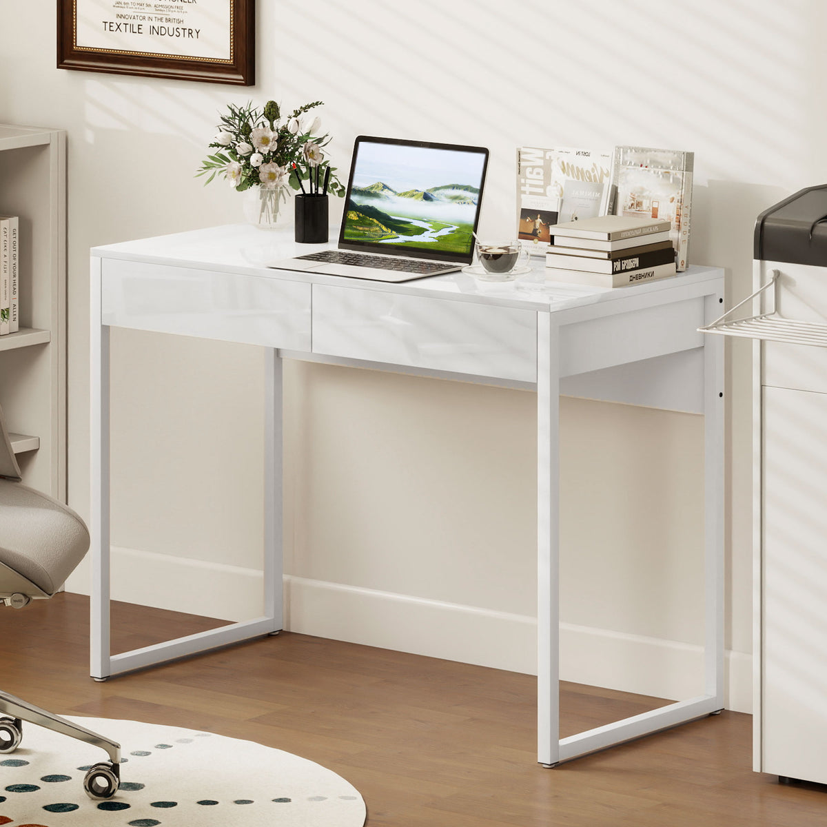Schreibtisch 100 x 50 cm Computertisch Bürotisch mit 2 Schubladen, für kleine Räume, Weiß