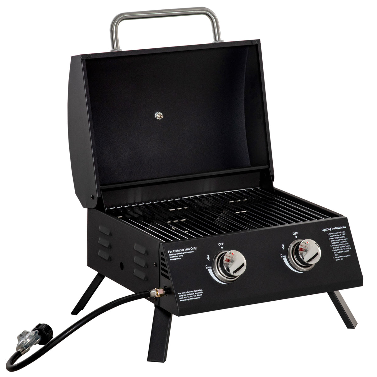 Tischgrill Gasgrill BBQ mit 2 Brennern mobiler Grillwagen Grillnetz klein Outdoor Tischgasgrill Picknick mit Druckminderer Schlauch Edelstahl Schwarz 55 x 46,5 x 41 cm