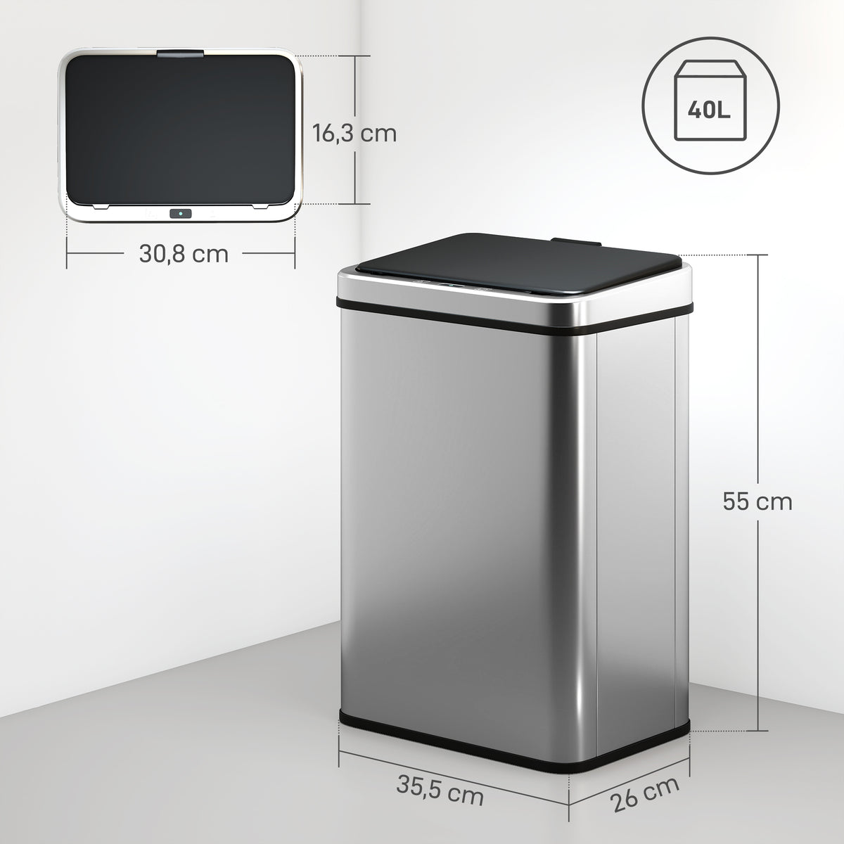 40L Sensor Bin with Soft-Close Lid, Stainless Steel Automatic Touchless Motion Sensor Kitchen Bin, Silver Tone