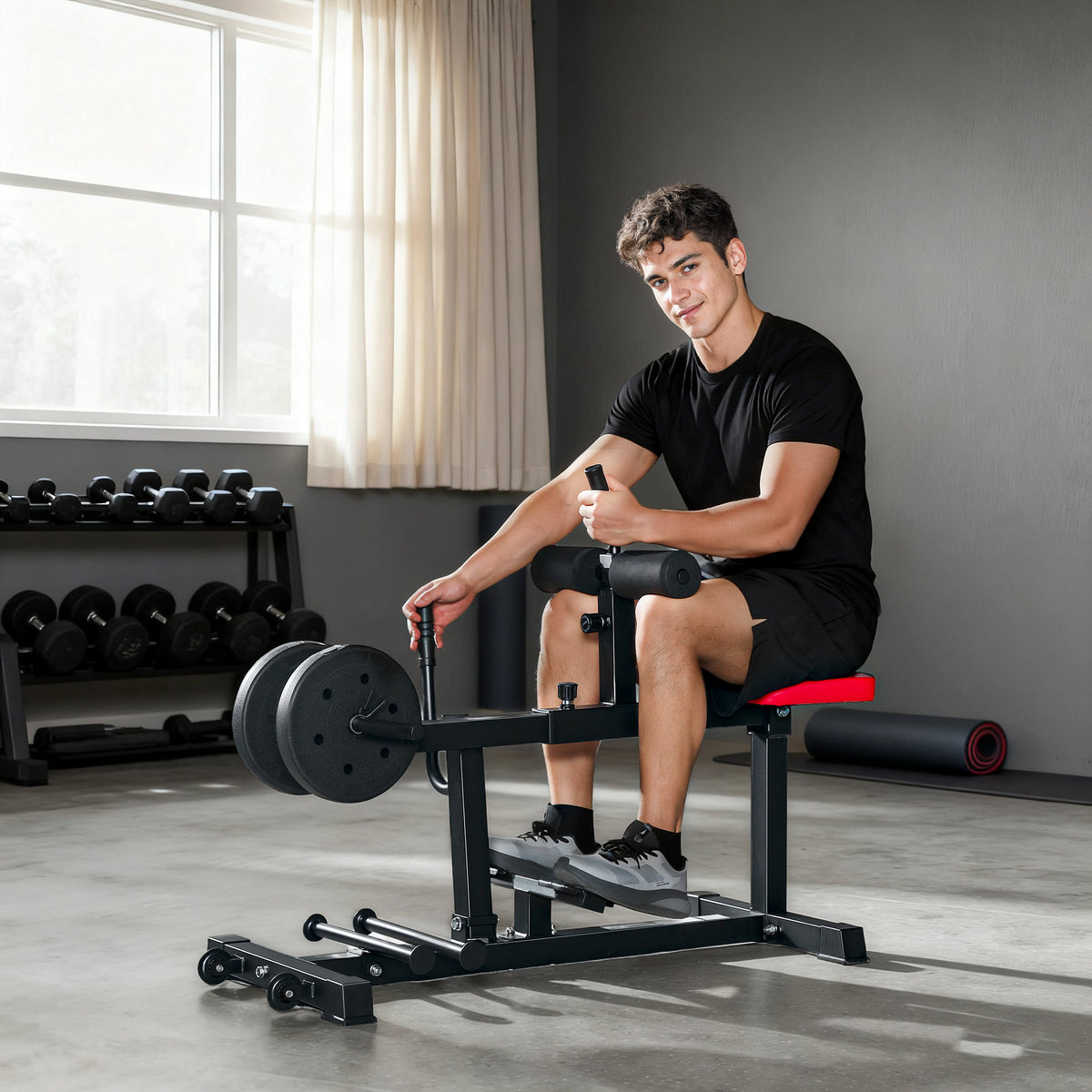 Beintrainings-Bank, Wadenhebemaschine, mit R?dern, Sportequipment f¨¹r Fitness-¨¹bungen zuhause, Stahl, Schwarz