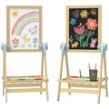 Kinder Staffelei aus Holz, Doppelseitige Whiteboard und Tafel Höhenverstellbar Standtafel mit Papierrolle, Ablage, Natur