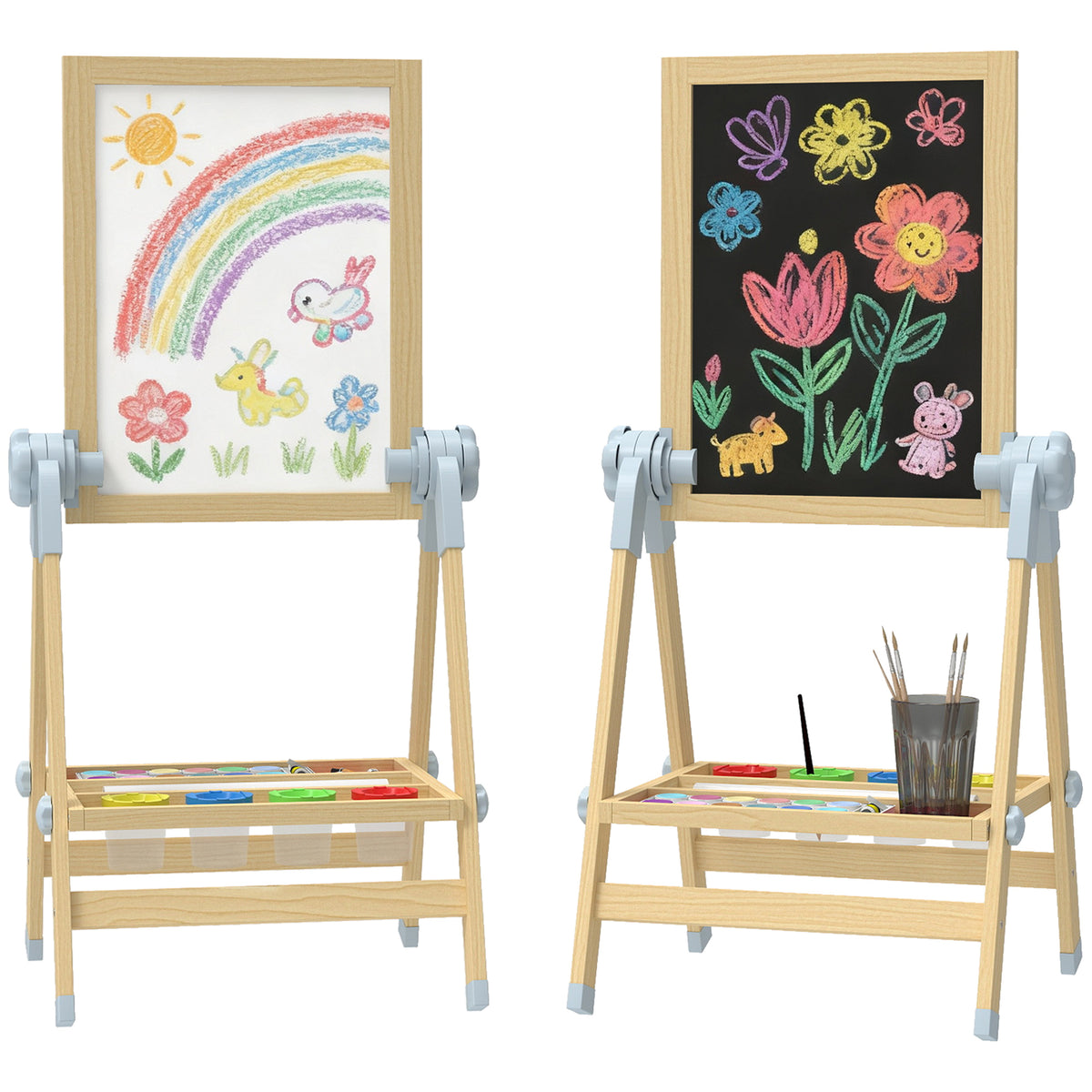 Kinder Staffelei aus Holz, Doppelseitige Whiteboard und Tafel Höhenverstellbar Standtafel mit Papierrolle, Ablage, Natur