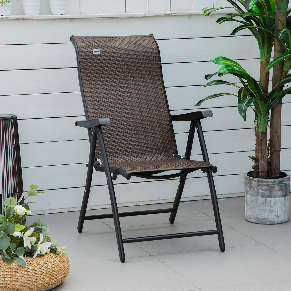Polyrattan Gartenstuhl Klappstuhl mit 7-Fach Verstellbarer Rückenlehne wetterfester klappbar Balkonstuhl Campingstuhl 120kg Belast Gartenstühle für Garten, Balkon 58x71x111cm Braun+Schwarz