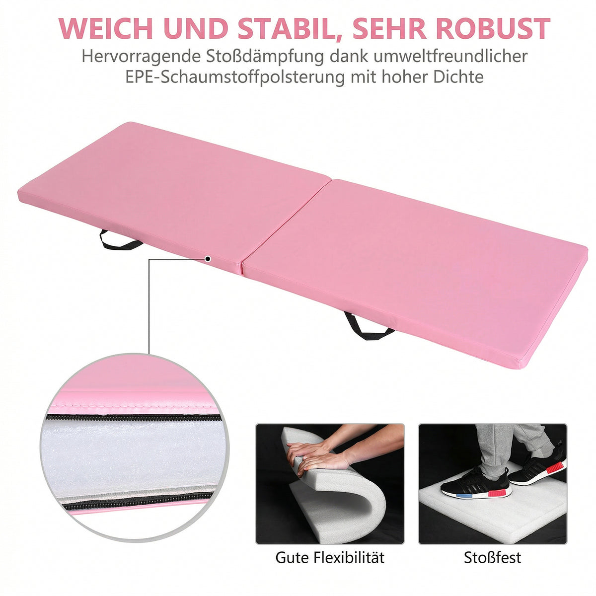HOMCOM Trainingsmatte Faltbare Fitnessmatte mit Griffen Rosa 180x60x5 cm