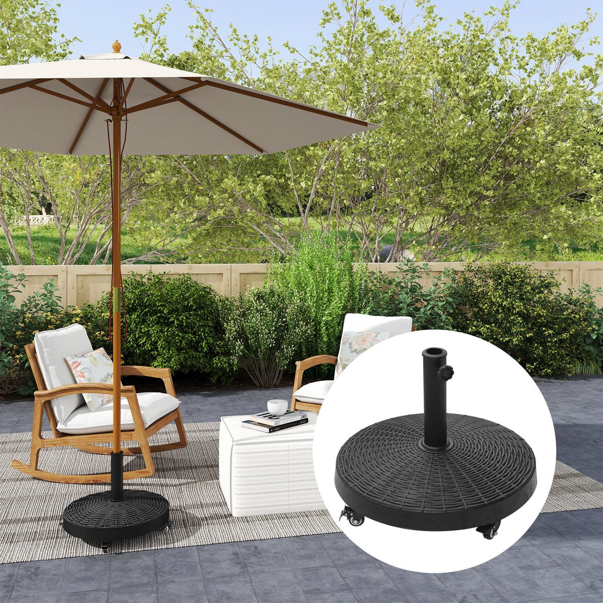Sonnenschirmständer 25kg Schirmständer mit Rollen rund Rattanoptik Ständer für Schirmstangen mit Ø38/48 mm Ständer für Garten, Balkon, Schwarz