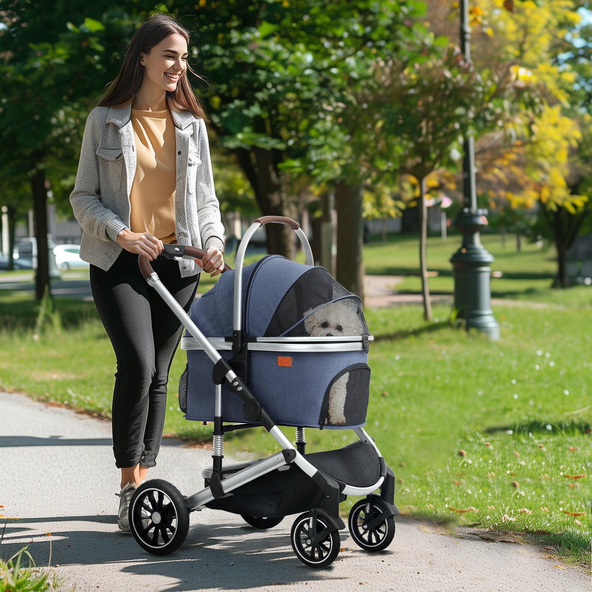 Hundewagen 3 in 1 Hundebuggy klappbar für Katzen bis 10 kg Katzenbuggy mit Kissen Becherhalter Dunkelblau