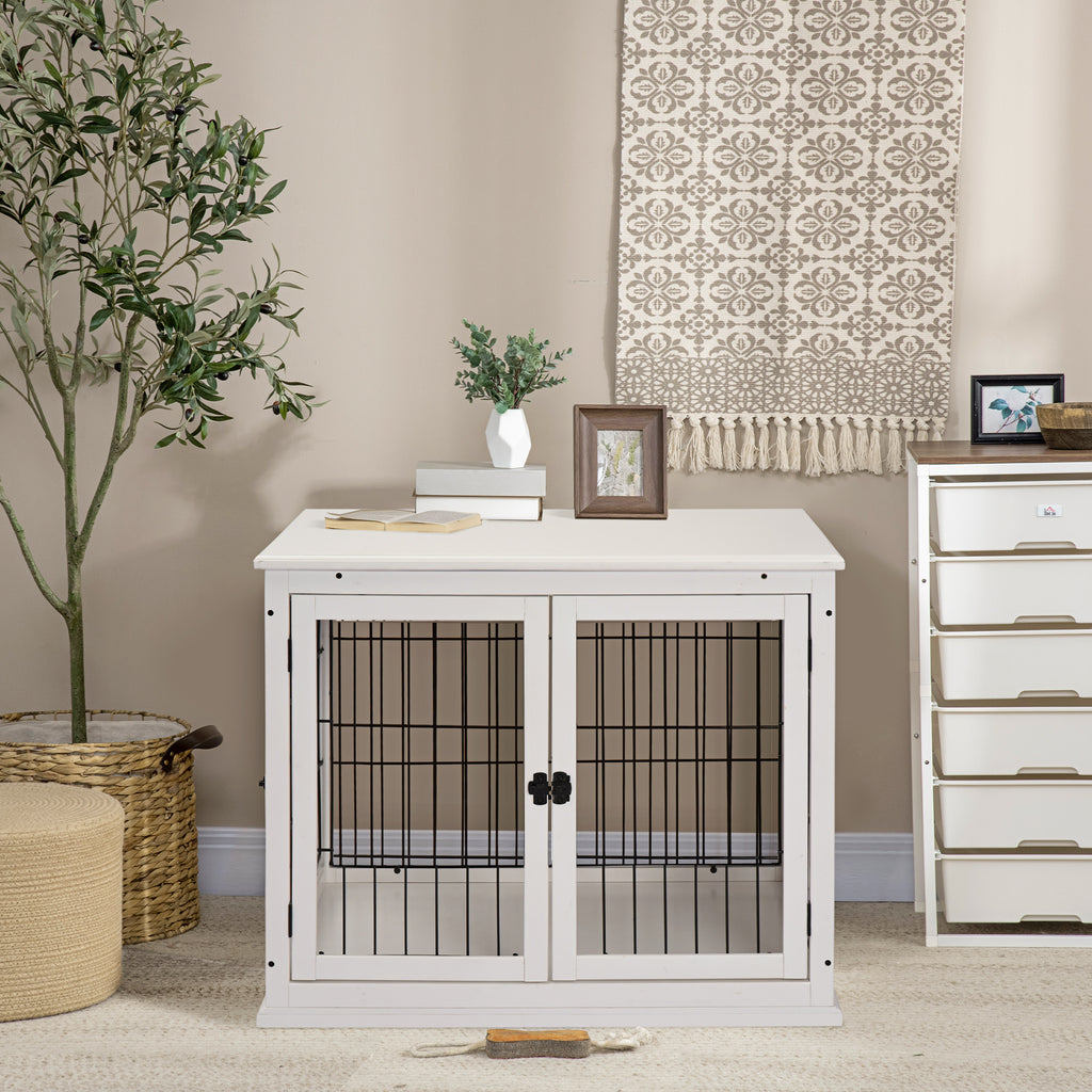 Dog Crate Furniture, Puppy Crate End Table, Pet Kennel House with 2 Doors for Medium and Small Dogs, 81 x 58.5 x 66 cm, White