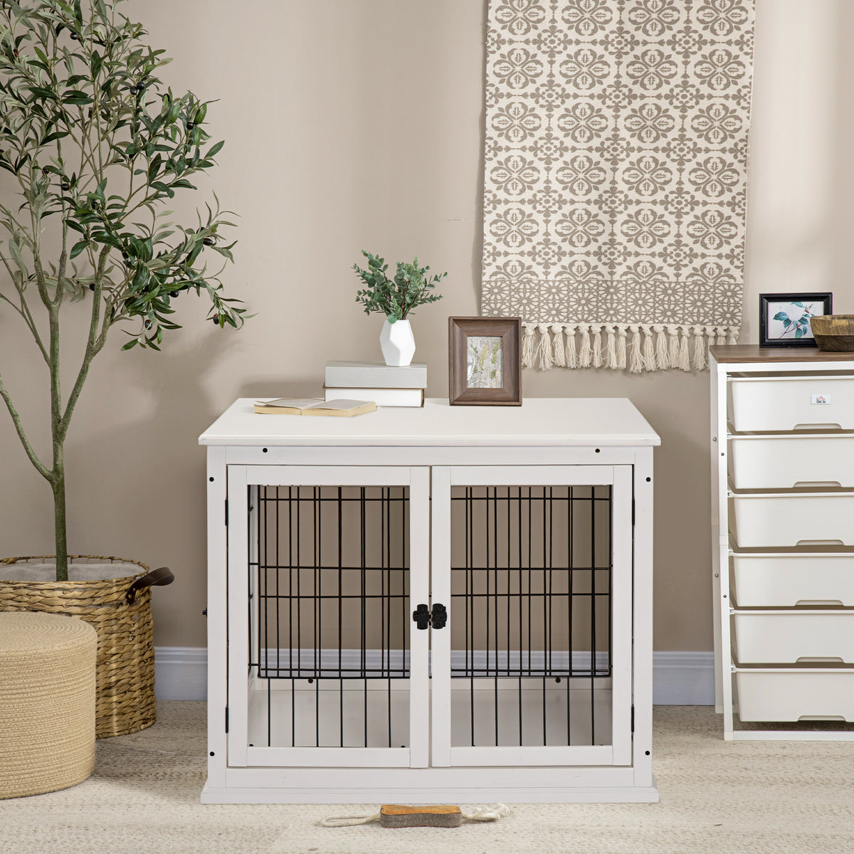 Dog Crate Furniture, Puppy Crate End Table, Pet Kennel House with 2 Doors for Medium and Small Dogs, 81 x 58.5 x 66 cm, White