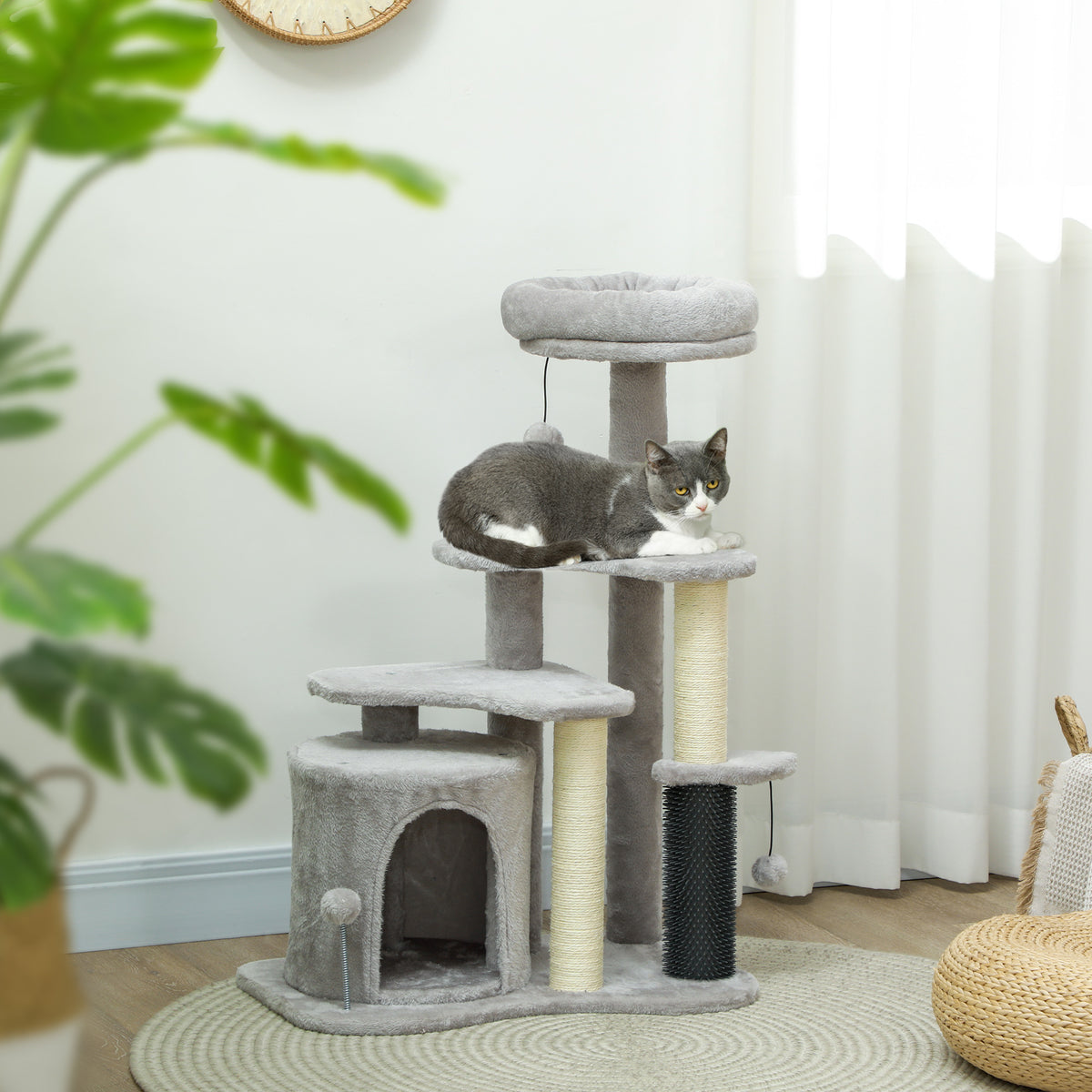 Katzen-Spielzentrum mit Kratzbaum, Bett, Spielbällen, Plüsch, 60 x 39 x 87 cm, Hellgrau/Creme