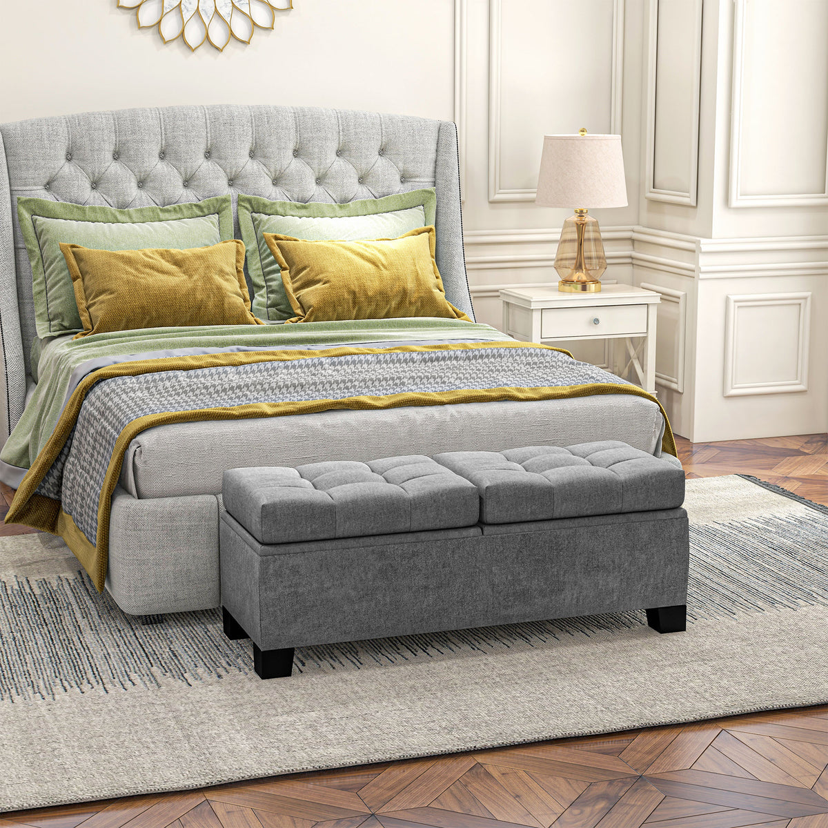 Sitzbank mit Stauraum, Polsterbank mit Leinenoptik, Gepolsterte Aufbewahrungsbox bis 180kg belastbar, f¨¹r Flur, Schlafzimmer, Wohnzimmer, 116x41x47 cm, Grau