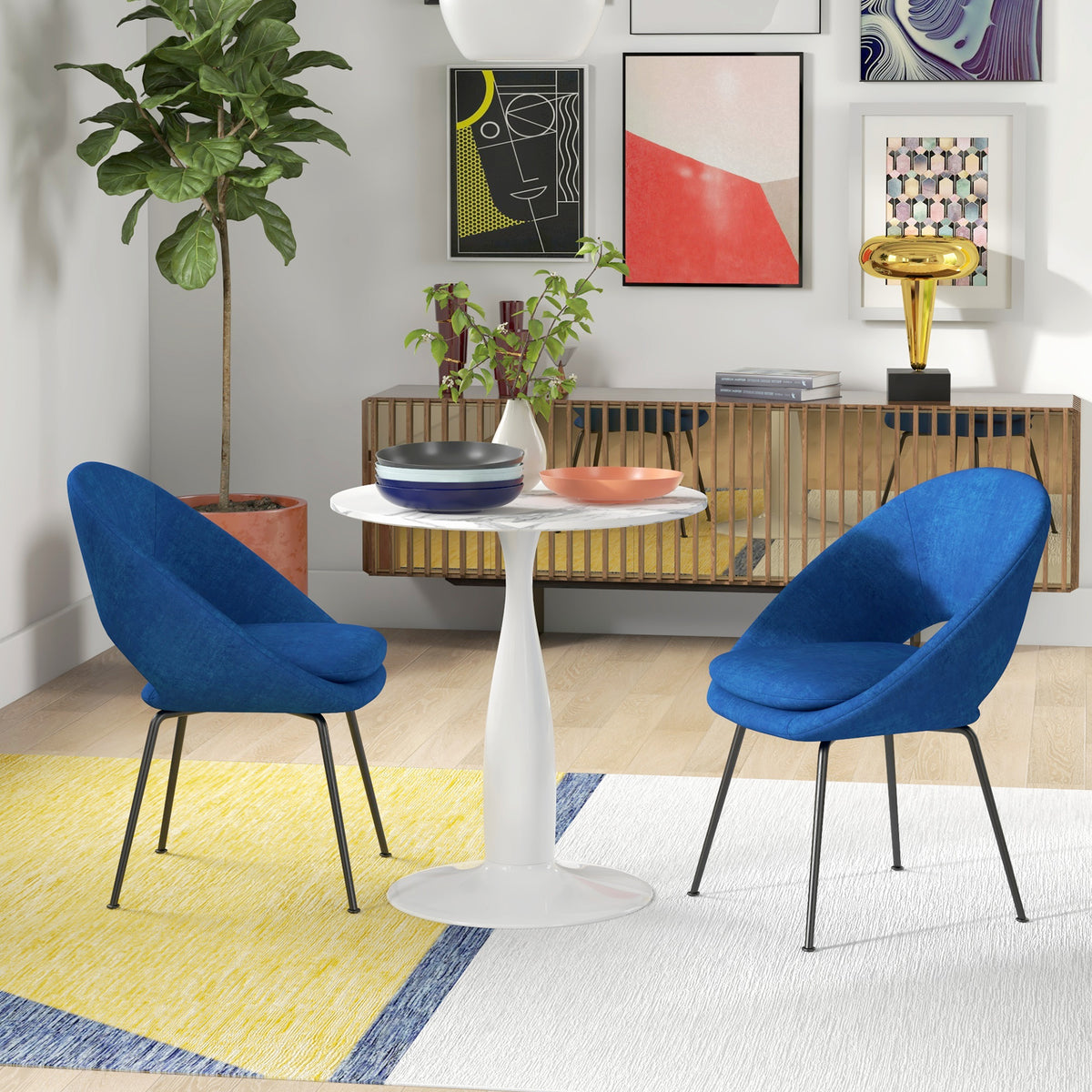 Runder Esstisch, pulverbeschichteter Stahl, MDF mit Melamin, rutschfeste Füße, 70 x 74 cm, Weiß