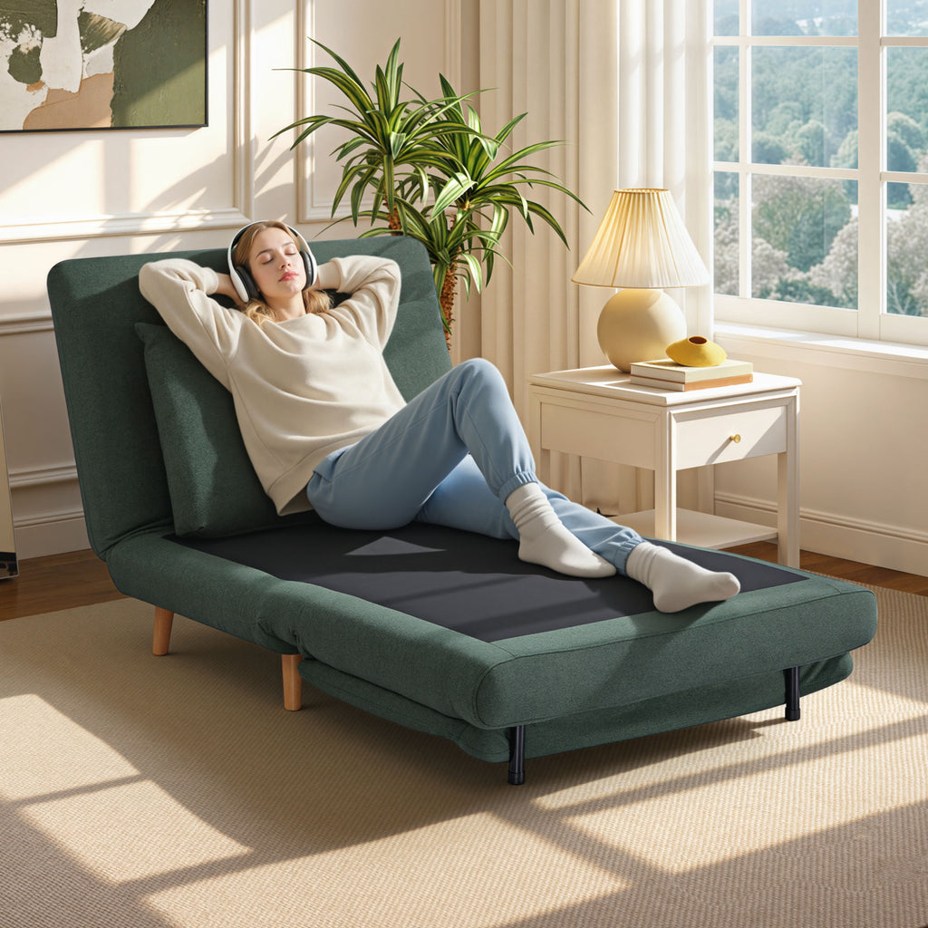 3-in-1 Schlafsessel mit Bett-Funktion, Liegesessel, verstellbare Rückenlehne, Buchenholzbeine, Kissen, Dunkelgrün