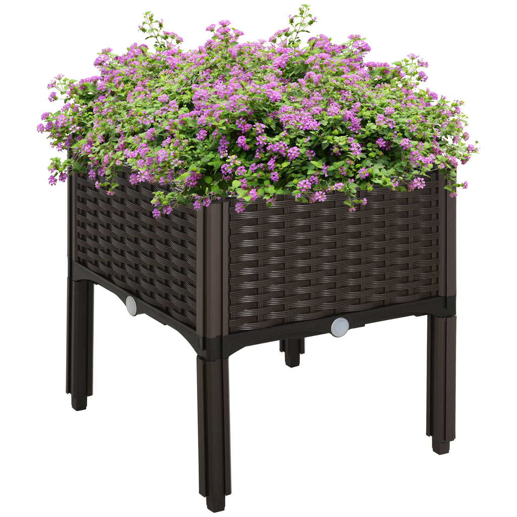 Hochbeet, Pflanzkasten mit Abflusslöchern, Blumenkasten im Rattan-Look, Kunststoff, Braun, 40 x 40 x 44 cm