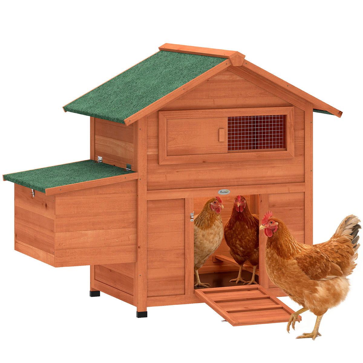 Hühnerstall Hühnerhaus aus Holz mit Nistkasten 2 Sitzstangen Rampe Fenster wasserdichtem Dach 113,5x67,5x95,5 cm Orange