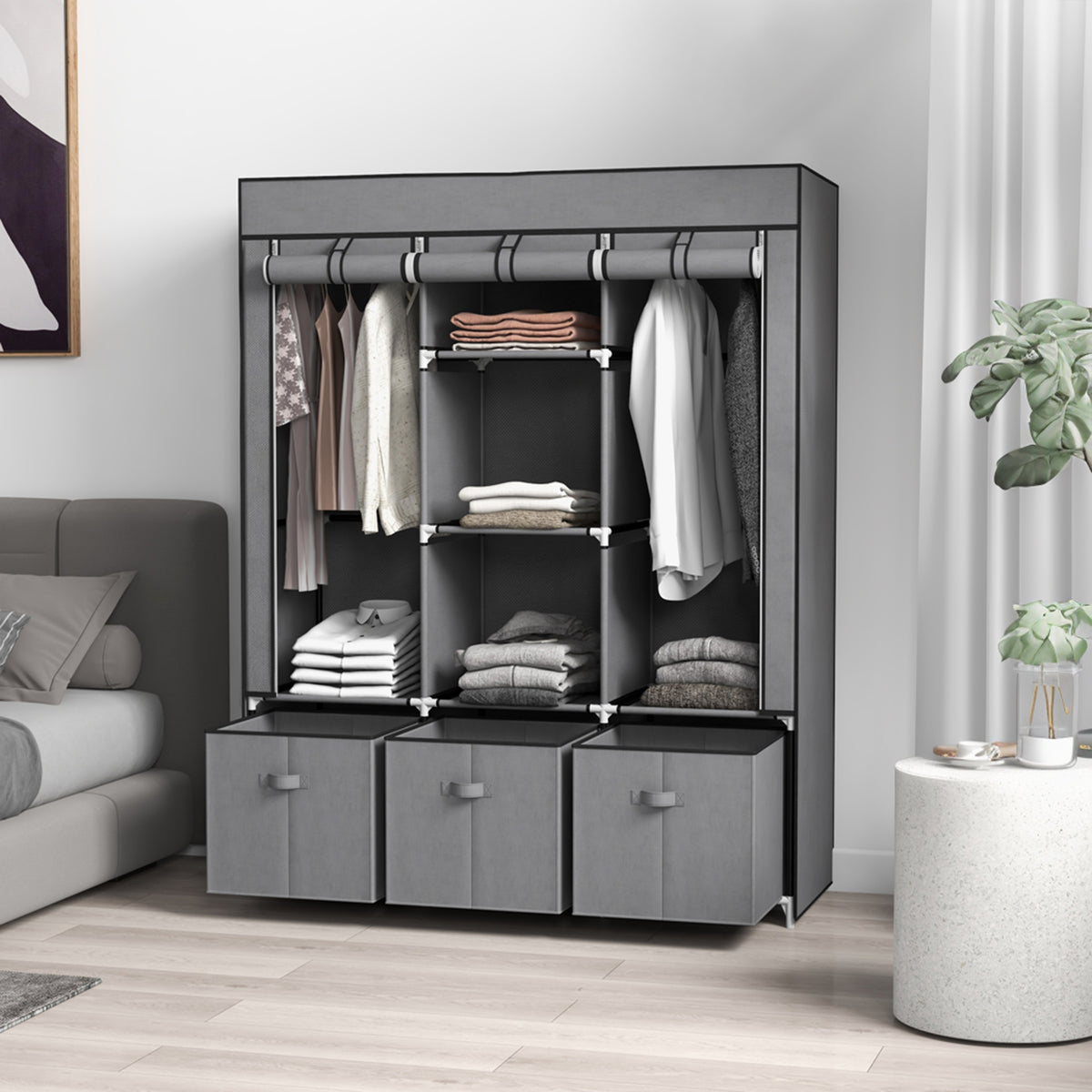 Stoffschrank aus Vlies, Faltschrank, inkl. 3 Schubladen, 125 cm x 43 cm x 162,5 cm, Grau